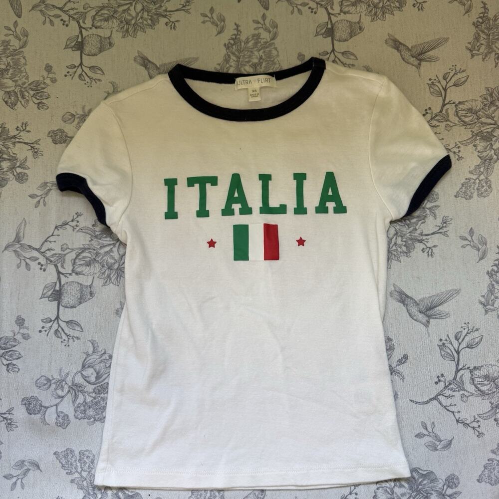 Y2k Short Sleeve Baby Tee Sz XS Fitted Ringer Italia Slim Fit Crop Ultra Flirt